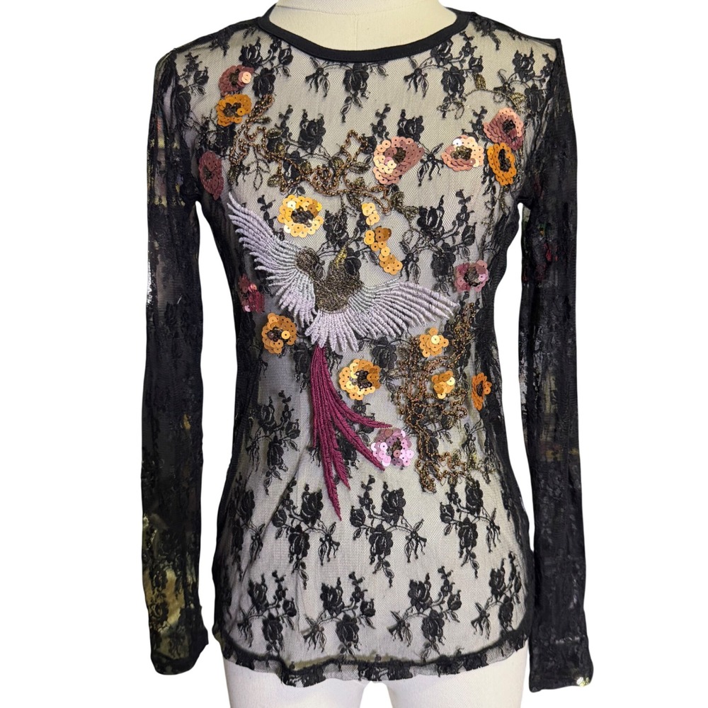 Flame Lace Mesh Top Womens XS Black Good Sequin Bird Embroidered Whimsigoth